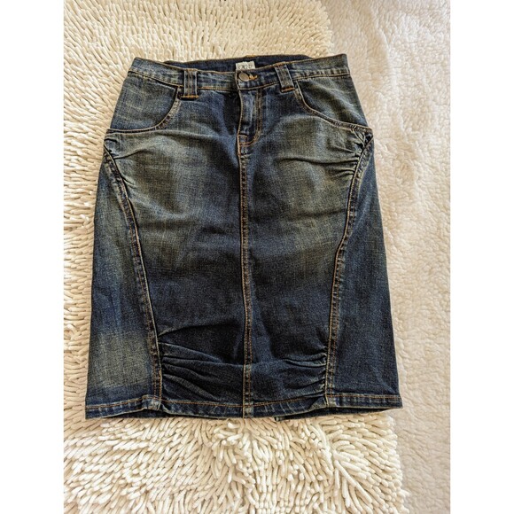 Vintage Cache Ruched Knee Length Denim Jean Skirt Sz 0 - Picture 4 of 13